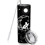 Goth Moon Cat Skinny Tumbler Cup with Straw Lid, 20 OZ Stainless Steel Insulated Vacuum Halloween Black Slim Travel Coffee Mug