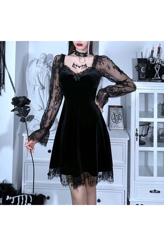 Goth Moon Dress V Neck Vintage Mini Dress Harajuku Long Sleeve Women Autumn Wear