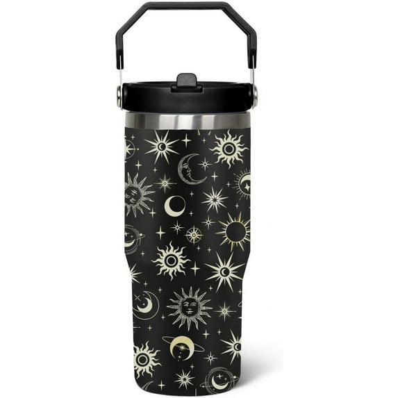 Goth Moon Flip Straw Tumbler 30 oz with Handle - Sun and Moon Design Gothic Travel Mug, Witchy Coffee Cup - Astrology Gifts for Women