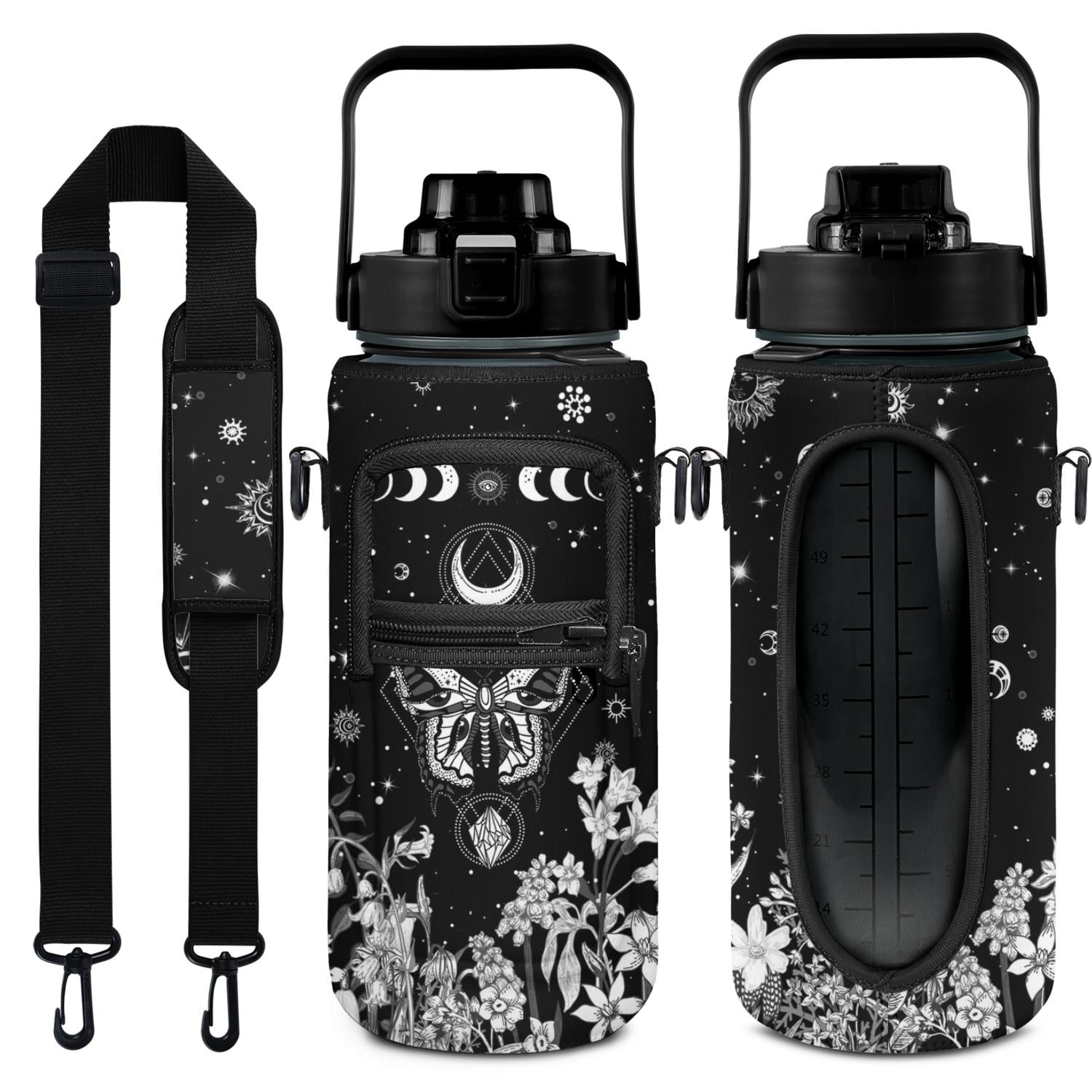 Goth Moon Half Gallon Water Bottle 64oz With Time Marker | BPA Free Leakproof Jug With Sleeve, Spooky Gift