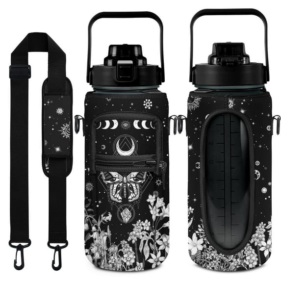 Goth Moon Half Gallon Water Bottle with Sleeve - Flip Top Bpa Free Water Bottle 64 OZ - with Time Marker Leakproof Water Jug - Motivational Water Bottle for Halloween Spooky Gifts for Women