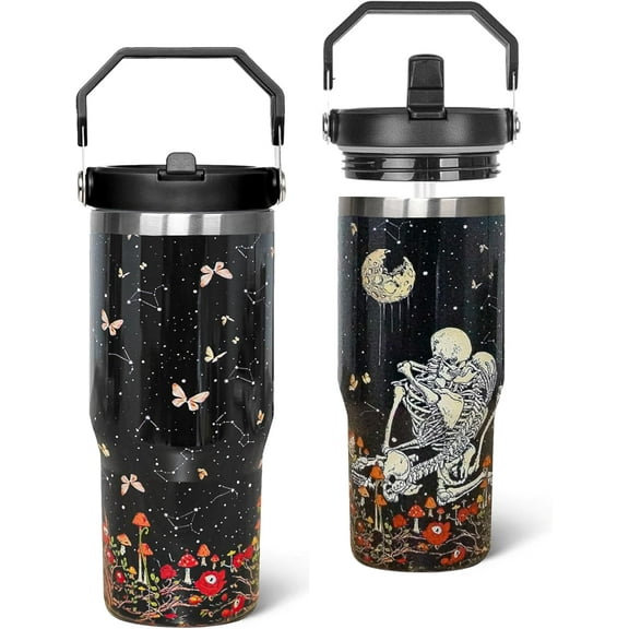 Goth Moon Skull Tumbler with Handle and Flip Straw - Insulated Coffee Travel Mug, Water Bottle - Gothic Halloween Decor Gift for Women (30oz)