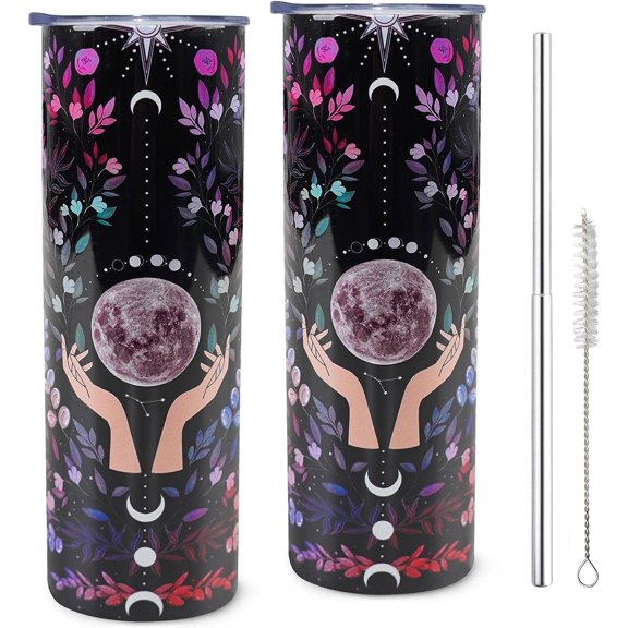 Goth Moon Tumbler with Lid and Straw - Moon Coffee Mug Goth Gifts, 20 oz Goth Moon Skinny Stainless Steel Tumblers with Lid and Straw,Reusable Travel Mugs Insulated for Hot and Cold Drink