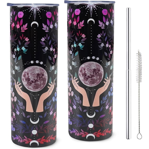 Goth Moon Tumbler with Lid and Straw - Moon Coffee Mug Goth Gifts, 20 oz Goth Moon Skinny Stainless Steel Tumblers with Lid and Straw,Reusable Travel Mugs Insulated for Hot and Cold Drink