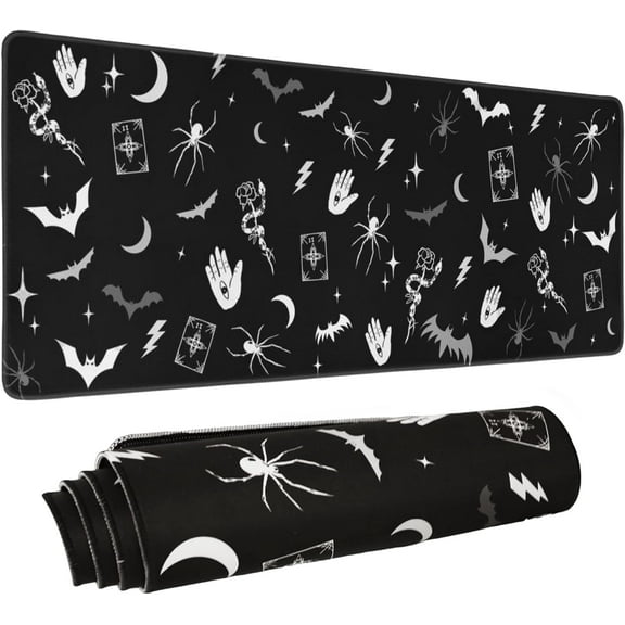 Goth Mouse Pad XL, Gothic Extended Large Gaming Mouse Pad, Black White Spider Bat Mouse Pad Mousepad, Long Big Mouse Mat, Spooky Halloween Witch Goth Desk Accessories Stuff Decor, 31.5 X 11.8 Inch
