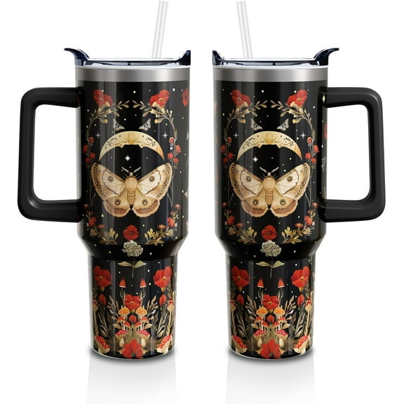 Goth Mushroom 40 Oz Tumbler with Handle and Lid Straw, Gothic Moth Moon Stainless Steel Insulated Cup Water Bottle, Spring Floral Witch Gifts for Women Girls(1 PC)