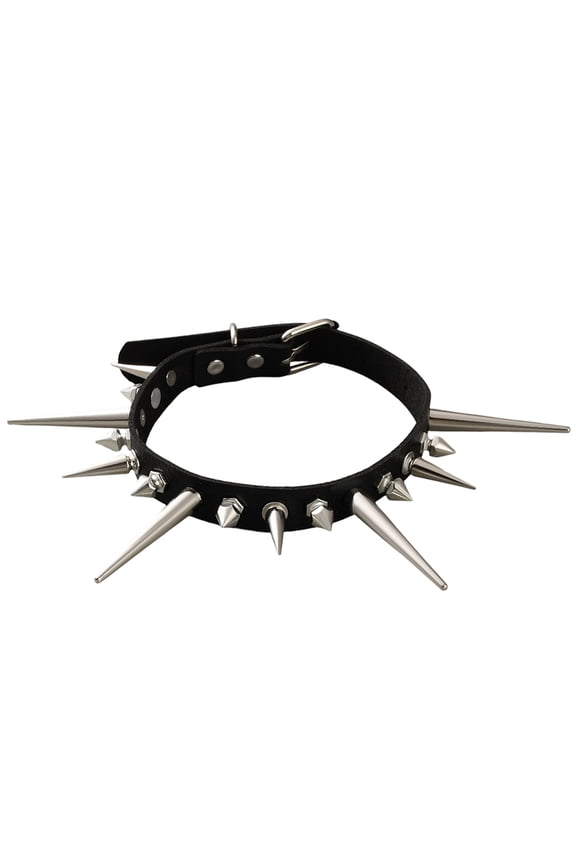 Goth PU Leather Necklace Punk Long Spiked Collar Choker Metal Rivet Spikes Studded Black Leather Collar Chian Adjustable Rock Biker Strap with Clasp