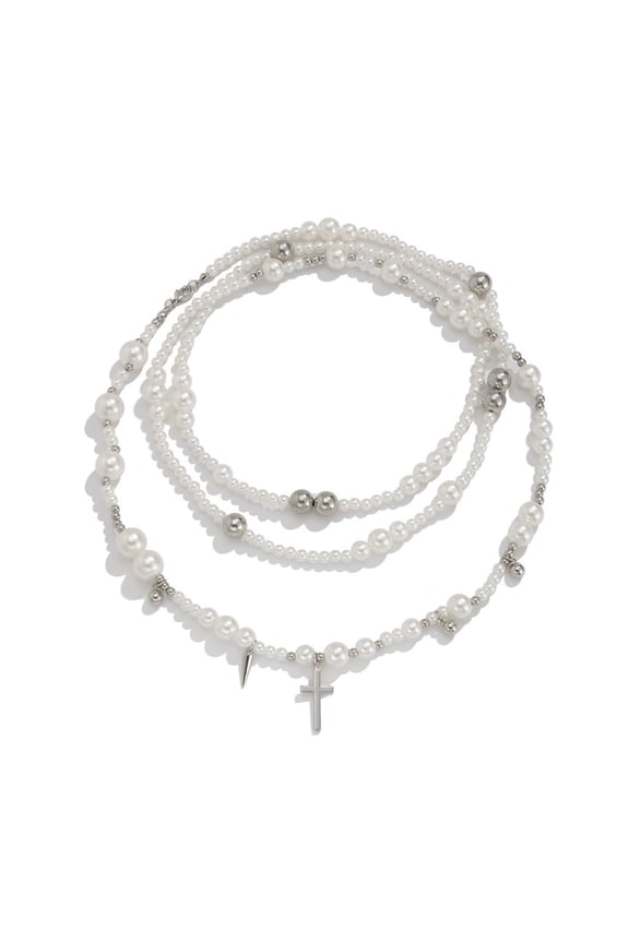 Goth Pearl Cross Choker Necklace for Women, Retro Crystal Crucifix Pendant with Chunky Pearl Beaded Layers, Adjustable Length for Gothic Club Daily and Special Events