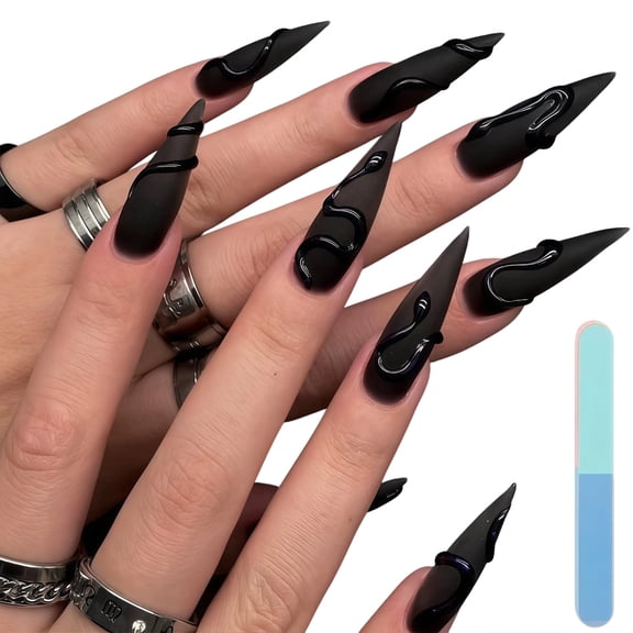 DingJoo Goth Long Stiletto Acrylic Fake Set, Black Claw Press on Tips Gothic Style for Women