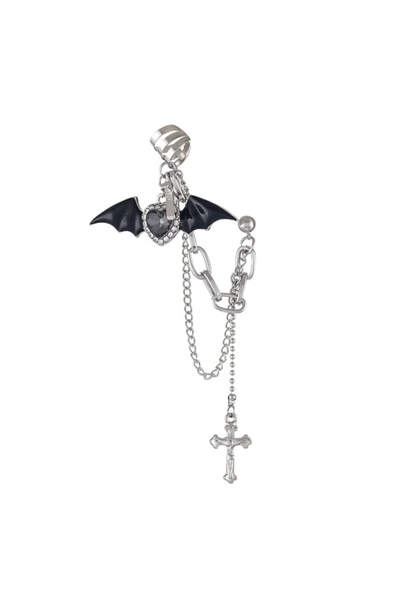 Goth Punk Devil Earrings Women Rhinestones Crossed Chain Ear Clip New Year Costume Accessories