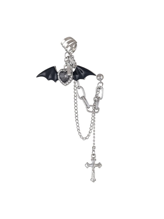 Goth Punk Devil Earrings Women Rhinestones Crossed Chain Ear Clip New Year Costume Accessories