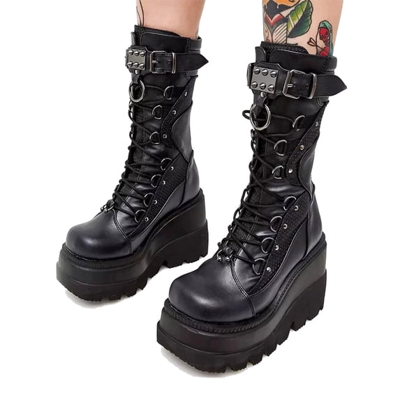 Goth Punk Platform Mid Calf Boots for Women's Chunky High Heel Booties Round Toe Combat Boot Womens Lace Up Motorcycle Wedges Boots (5.5, Black)