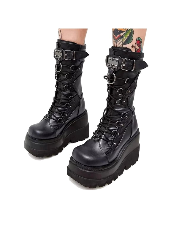 Goth Punk Platform Mid Calf Boots for Women's Chunky High Heel Booties Round Toe Combat Boot Womens Lace Up Motorcycle Wedges Boots (8, Black)