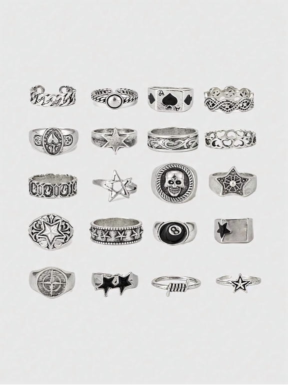 Goth Punk Spiral Star Adjustable Ring Set - 4pcs Skull Star Pentagram Statement Rings for Couples