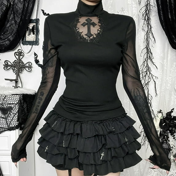 Goth Sexy Lace Mesh Flared Long Sleeve Corset Crop Tops Y2K Harajuku Vintage Aesthetic Black T-shirts Women Tops Tees Streetwear