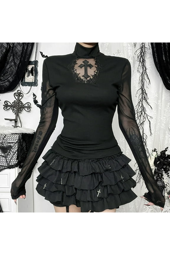 Goth Sexy Lace Mesh Flared Long Sleeve Corset Crop Tops Y2K Harajuku Vintage Aesthetic Black T-shirts Women Tops Tees Streetwear