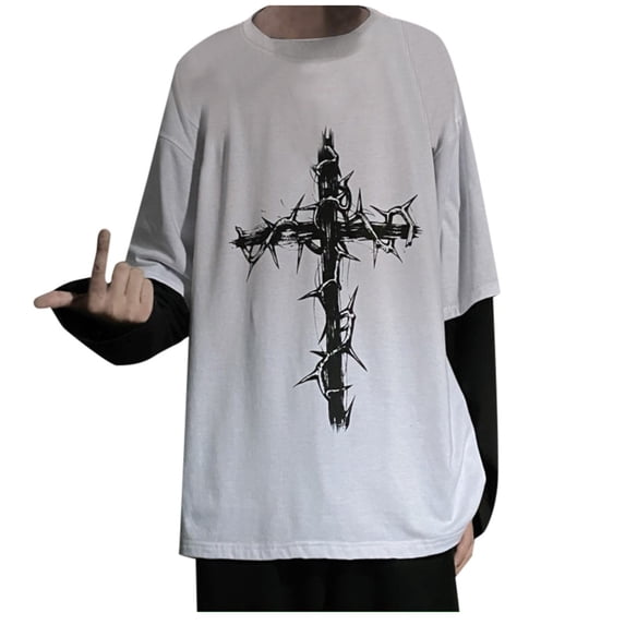 Goth Shirt Gothic Shirt Fake Two-Piece Alternative Clothing Goth Long Sleeve Top Grunge Clothes Womens Tops White M