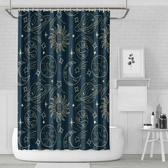 Goth Shower Curtain with Celestial Sun and Moon Print, Mystical Starry Night Aesthetic Fabric, Waterproof and Machine Washable, Hooks Included, Perfect for Spiritual Home or Airbnb