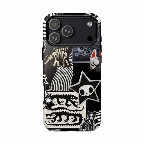 Goth Skeleton Dinosaur Phone Case for iPhone 17 16 15 14 13 12 11 Pro Max/Plus/Mini, Black & White Grunge Collage Cover