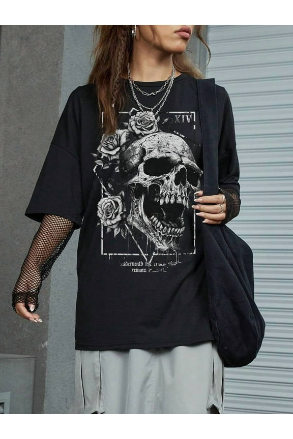 Goth Skull & Floral Print Drop Shoulder Tee, School, Unisex