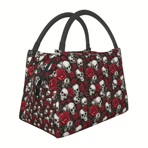 Goth Skull Flower Theme Insulated Lunch Box - Freezeable and Reusable Travel Picnic Beach Heat-insulated Lunch Container, Durable Polyester Square Design