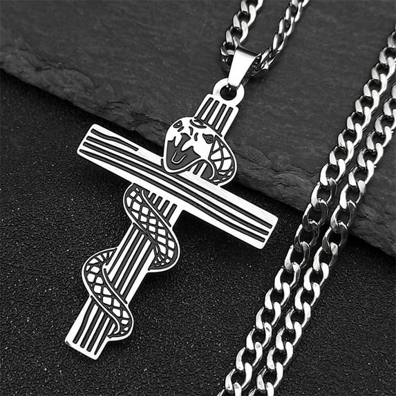 Goth Snake Cross 14K White Gold Pendant Necklace for Women Men Silver Color Halloween Gift Punk Cool Chain Jewelry