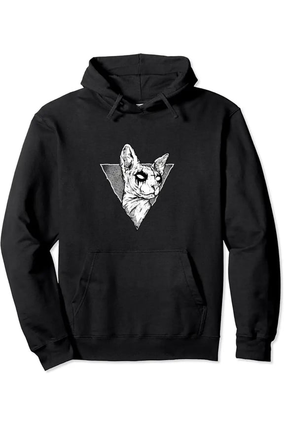 Goth Sphynx Cat Hooded Sweater - Gothic Black & White All-Over Print with Sphynx Cat Face & Pentagram Design, Unisex Casual Pullover Hoodie for Men & Women, Machine Washable Year-Round Wear, Relaxed
