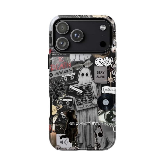 Goth Spooky Phone Case, Black Ghost & Skeleton Pattern Collage, Protective Cover for iPhone 17 16 15 14 13 12 11 Pro Plus Mini