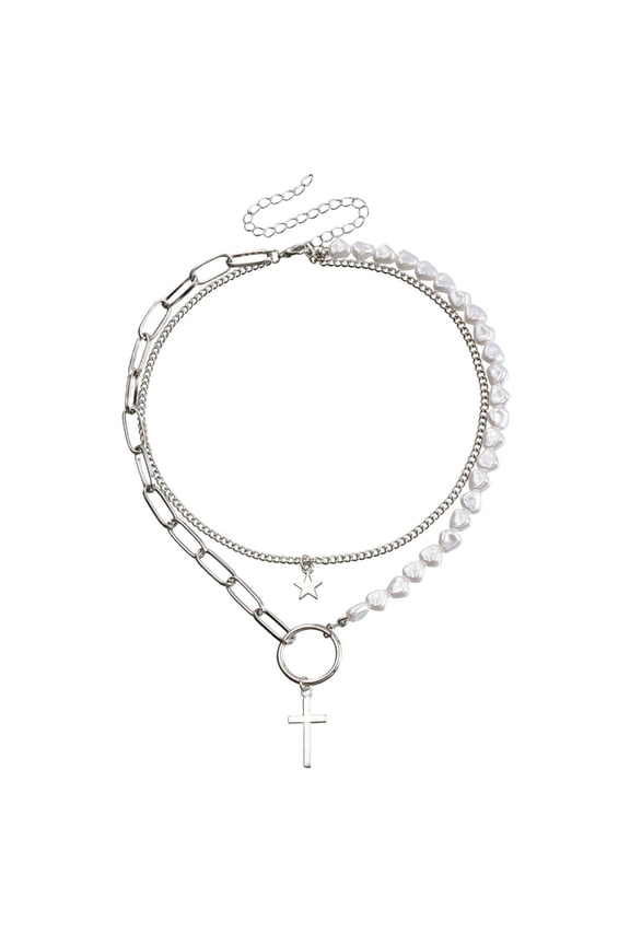 Goth Star Pendant Necklace Pearl Beads Choker for Women Geometric Layered Clavicle Chian Jewelry