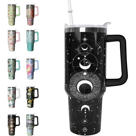 Goth Tumbler 40 oz - Constellation Moon Design - Insulated Leak Proof Travel Mug with Handle - Halloween Gift for Women & Men, Witchy Gothic Cup