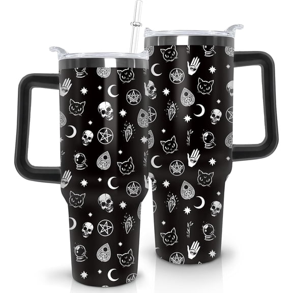 Goth Tumbler with Lid and Straw, Stainless Steel Gothic 40oz Tumbler with Handle, Black Moon Travel Coffee Mug Water Bottle, Goth Gifts Cups for Women and Men