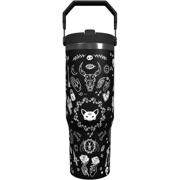 Goth Tumbler with Straw and Lid Gift for Boys Girls Gothic Water Bottle Halloween Travel Kettle Cup for Car Cold and Hot Stainless Steel Double Wall Insulated Mug (cat rose, 30oz)