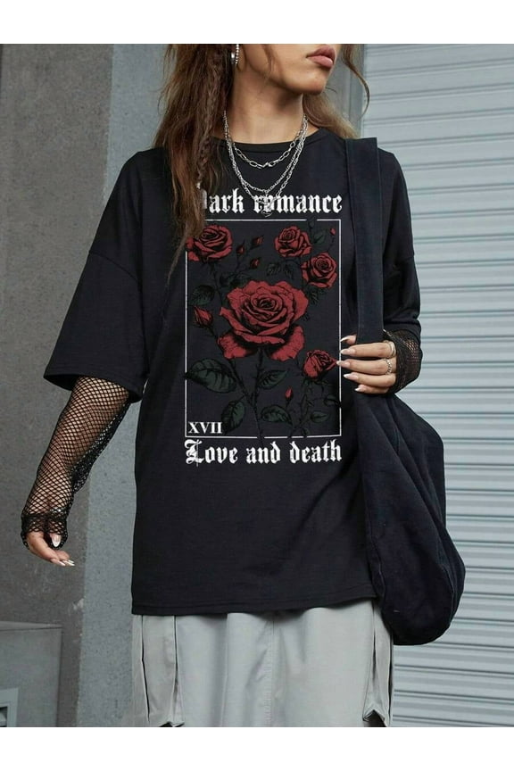 Goth Valentine's Day Gothic Style Oversized T-Shirt With Large Rose Print Dark Romance XVII Love And Death, School, Unisex