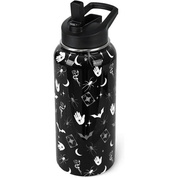 Goth Water Bottle with Straws Double Walled Vacuum Insulated Sports Bottle Goth Bats Travel Thermal Cup Leak Proof Stainless Steel Tumbler Witchy Decor Gifts-32 OZ