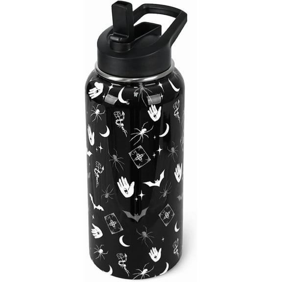 Goth Stainless Steel Water Bottle with Straws - 32oz Double Walled Vacuum Insulated, Leak Proof Travel Tumbler - Bats Design, Sports & Thermal Cup - Witchy Decor Gift