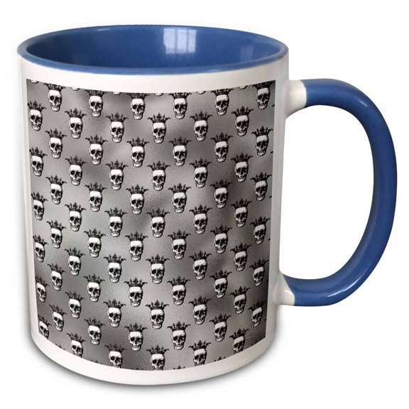 3drose, Goth White Crowned Skulls on an Image of Silver Background Pattern, 15oz Two-tone Blue Mug