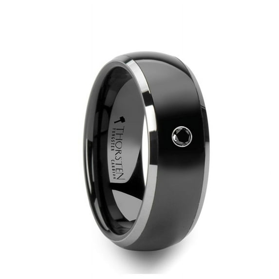 Gotham Domed Black Ceramic Ring With Tungsten Edges And Black Diamond