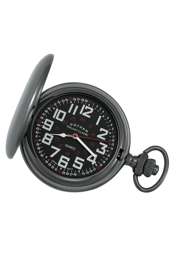 Gotham Men's Gun Metal Railroad Polished Finish Covered Quartz Pocket Watch # GWC15044BBK