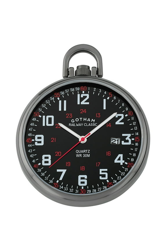 Gotham Men's Gun-Plated Stainless Steel Analog Quartz Date Railroad Style Pocket Watch # GWC14107BBK