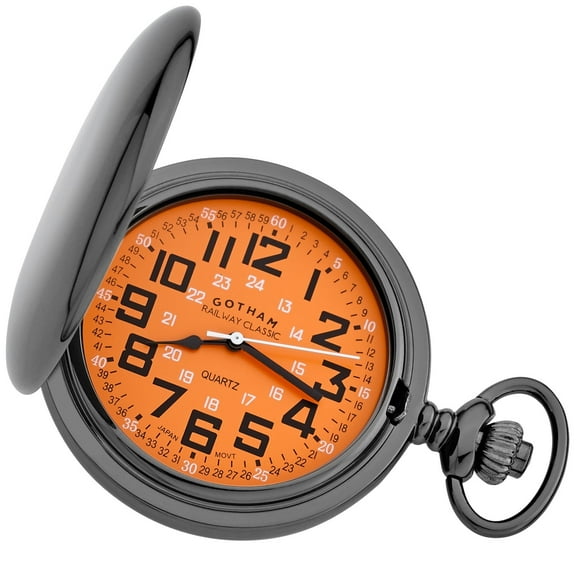 Gotham Men's Gunmetal Railroad Polished Finish Hunter Quartz Pocket Watch, GWC15044BR