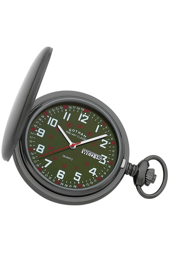 Gotham Men's Railway Classic Gunmetal Stainless Steel Analog Quartz Day/Date Hunter Pocket Watch # GWC14110BG