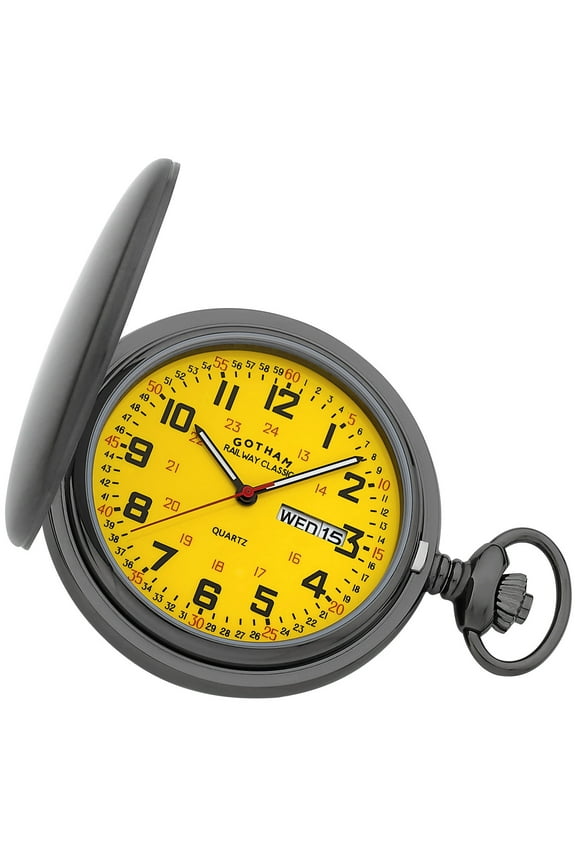 Gotham Men's Railway Classic Gunmetal Stainless Steel Analog Quartz Day/Date Hunter Pocket Watch # GWC14110BY