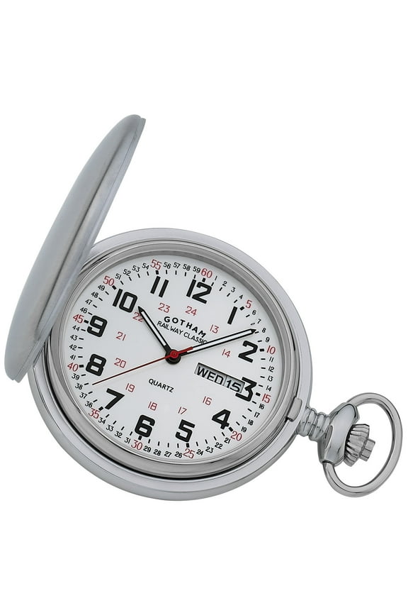 Gotham Men's Railway Classic Stainless Steel Analog Quartz Day/Date Hunter Pocket Watch # GWC14110S