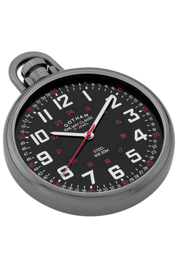 Gotham Men's Stainless Steel Gun-Plated Mechanical Hand Wind Railroad Style Pocket Watch,GWC14106BBK