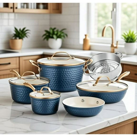 Gotham Steel 10 Pc Hammered Pots and Pans Set Non Stick, Easy Clean Kitchen Ceramic Cookware Set Nonstick, Long Lasting Pot and Pan Set with Skillet, Sauce Pan, Oven Safe, No Forever Chemicals, Navy