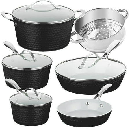 Gotham Steel 10 Pc Hammered Pots and Pans Set Non Stick, Easy Clean Kitchen Ceramic Cookware Set Nonstick, Long Lasting Pot and Pan Set with Skillet/Sauce Pan, Oven Safe, No Forever Chemicals, Black