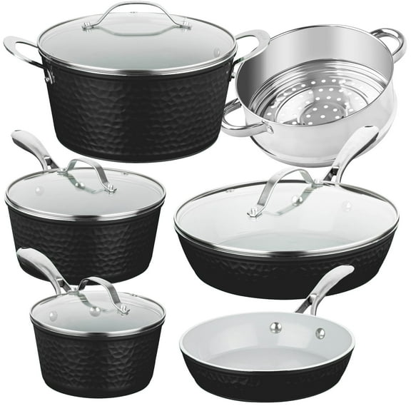 Gotham Steel 10 Pc Hammered Pots and Pans Set Non Stick, Easy Clean Kitchen Ceramic Cookware Set Nonstick, Long Lasting Pot and Pan Set with Skillet/Sauce Pan, Oven Safe, No Forever Chemicals, Black