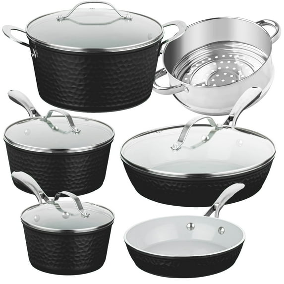 Gotham Steel 10 Pc Hammered Pots and Pans Set Non Stick, Easy Clean Kitchen Ceramic Cookware Set Nonstick, Long Lasting Pot and Pan Set with Skillet/Sauce Pan, Oven Safe, No Forever Chemicals, Black