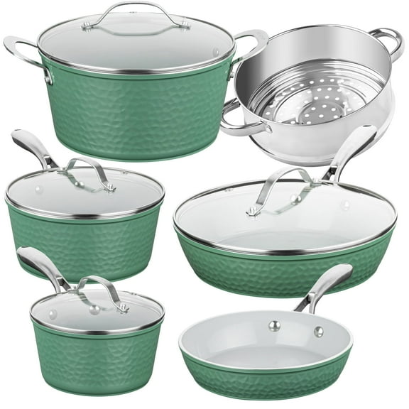 Gotham Steel 10 Pc Hammered Pots and Pans Set Non Stick, Easy Clean Kitchen Ceramic Cookware Set Nonstick, Long Lasting Pot and Pan Set with Skillet, Oven Safe, No Forever Chemicals, Sage Green