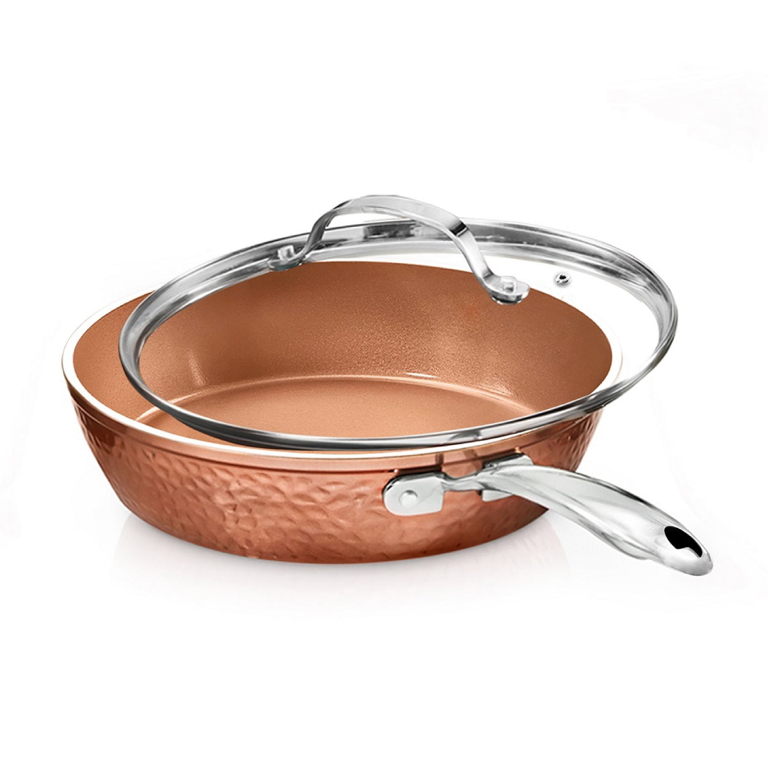 Hammered Copper 12'' Aluminum Nonstick Fry Pan with Lid